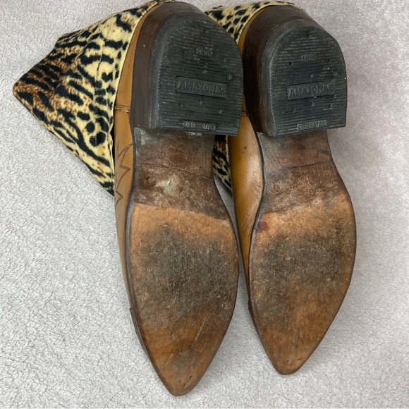 Vintage Leather Western Cowgirl Ankle Boots Womens 7.5 Brown Cheetah Cuff Accent - Picture 9 of 12